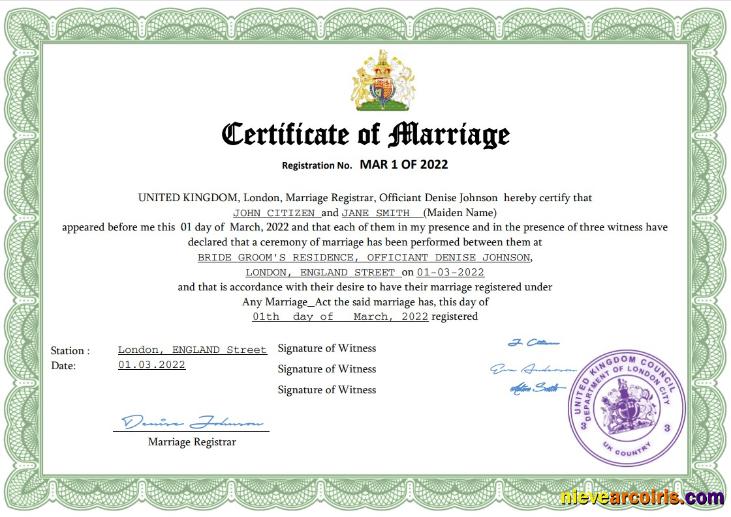 United Kingdom marriage certificate